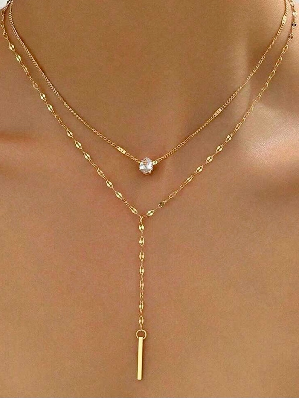Gold Y-Shaped Double Layer Drop Necklace Set